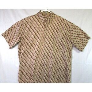 Vintage Burma Bibas Shirt Mens Large Brown Beige Geometric Print 100% Cotton 90s